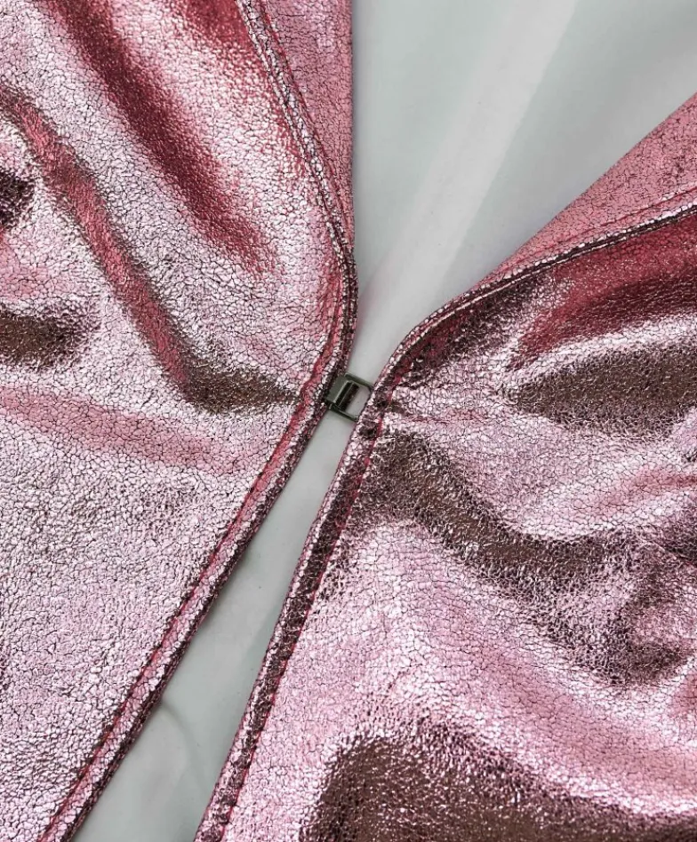 Donna D'Arienzo Miss - Giacca corta bolero in pelle laminata rosa girocollo