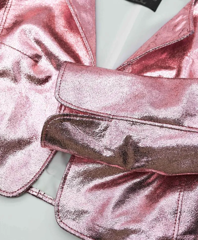 Donna D'Arienzo Miss - Giacca corta bolero in pelle laminata rosa girocollo