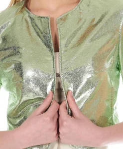 Donna D'Arienzo Miss - Giacca corta bolero in pelle laminata verde chiaro girocollo
