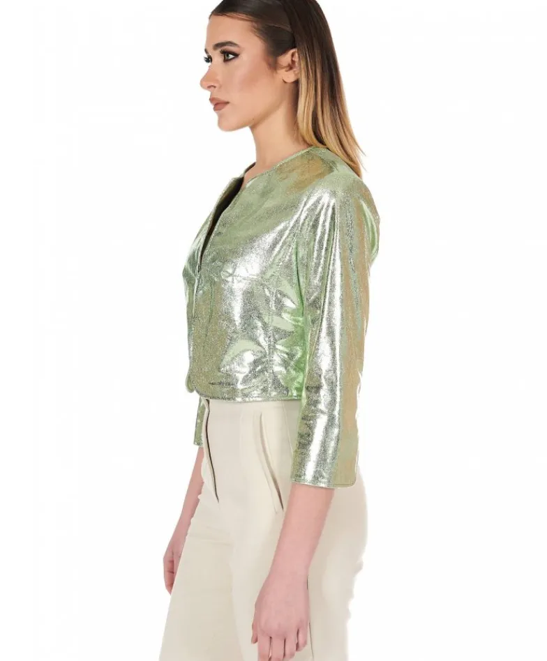 Donna D'Arienzo Miss - Giacca corta bolero in pelle laminata verde chiaro girocollo