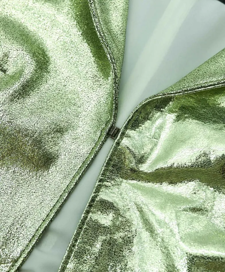 Donna D'Arienzo Miss - Giacca corta bolero in pelle laminata verde chiaro girocollo