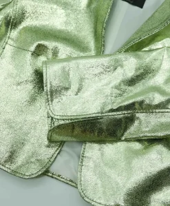 Donna D'Arienzo Miss - Giacca corta bolero in pelle laminata verde chiaro girocollo
