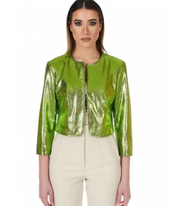 Donna D'Arienzo Miss - Giacca corta bolero in pelle laminata verde girocollo