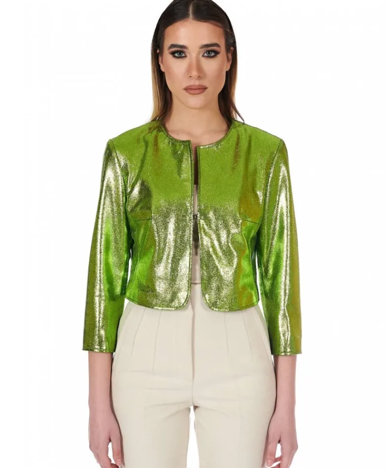 Donna D'Arienzo Miss - Giacca corta bolero in pelle laminata verde girocollo