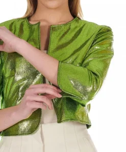 Donna D'Arienzo Miss - Giacca corta bolero in pelle laminata verde girocollo