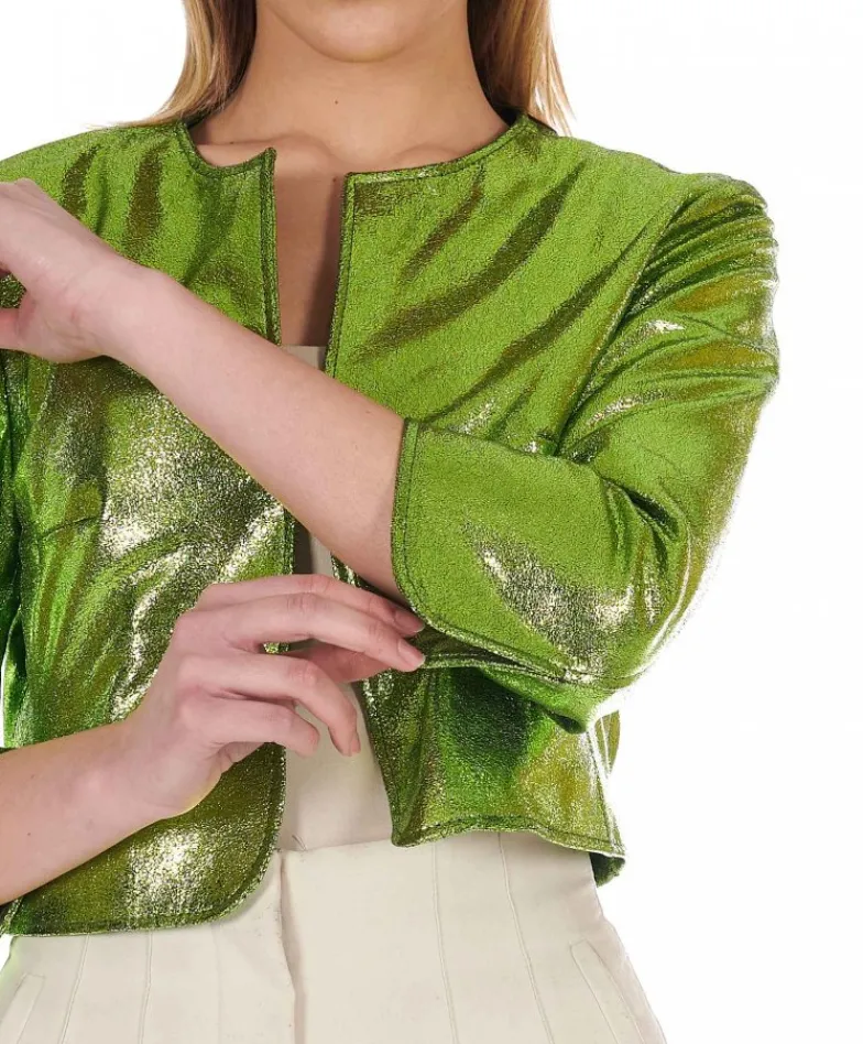 Donna D'Arienzo Miss - Giacca corta bolero in pelle laminata verde girocollo