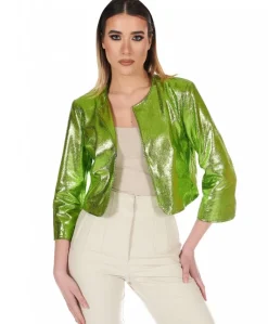 Donna D'Arienzo Miss - Giacca corta bolero in pelle laminata verde girocollo