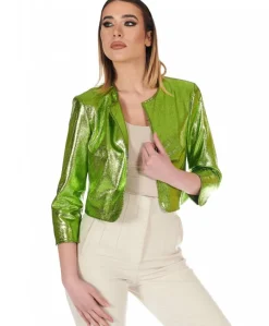 Donna D'Arienzo Miss - Giacca corta bolero in pelle laminata verde girocollo