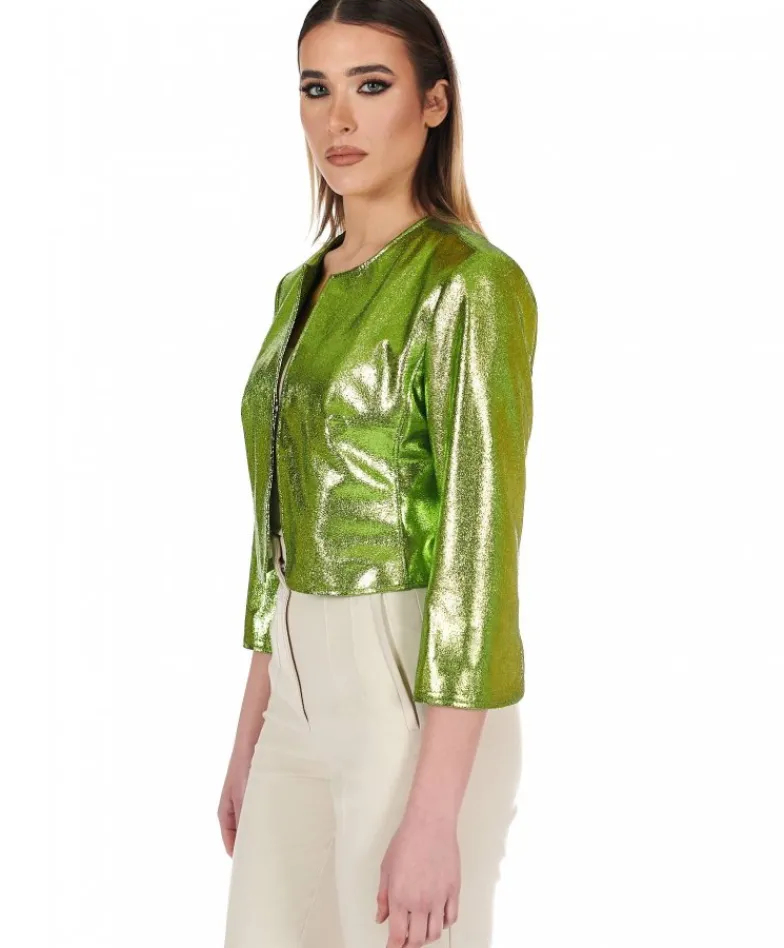 Donna D'Arienzo Miss - Giacca corta bolero in pelle laminata verde girocollo