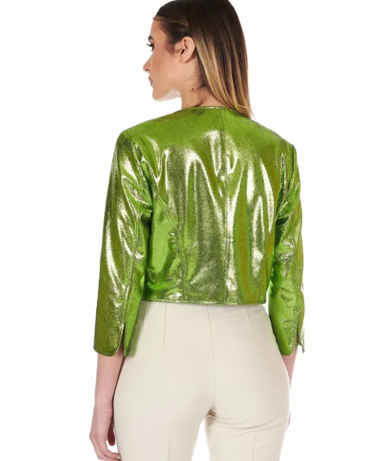 Donna D'Arienzo Miss - Giacca corta bolero in pelle laminata verde girocollo