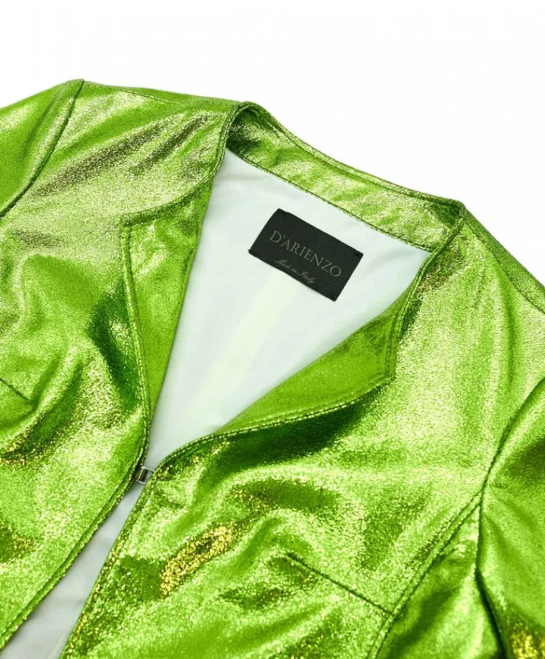 Donna D'Arienzo Miss - Giacca corta bolero in pelle laminata verde girocollo