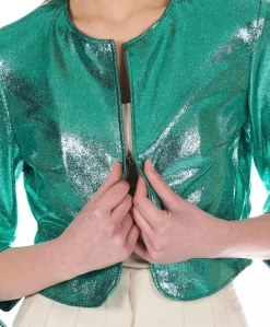 Donna D'Arienzo Miss - Giacca corta bolero in pelle laminata turchese girocollo