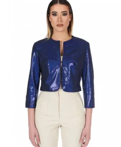 Donna D'Arienzo Miss - Giacca corta bolero in pelle laminata blu girocollo
