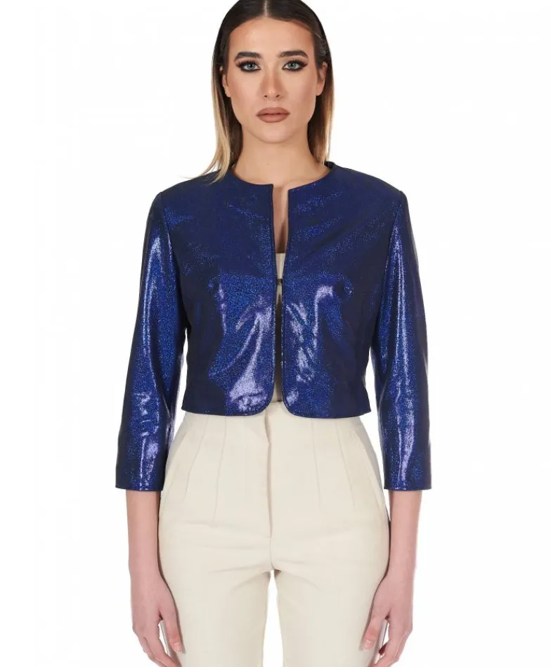 Donna D'Arienzo Miss - Giacca corta bolero in pelle laminata blu girocollo