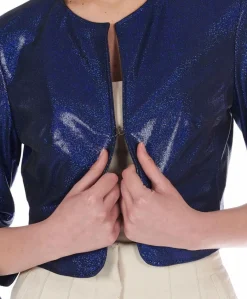 Donna D'Arienzo Miss - Giacca corta bolero in pelle laminata blu girocollo