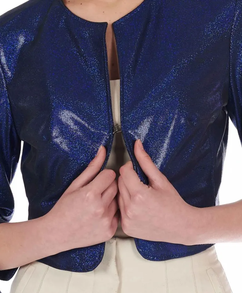 Donna D'Arienzo Miss - Giacca corta bolero in pelle laminata blu girocollo