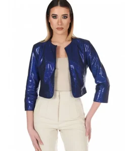 Donna D'Arienzo Miss - Giacca corta bolero in pelle laminata blu girocollo