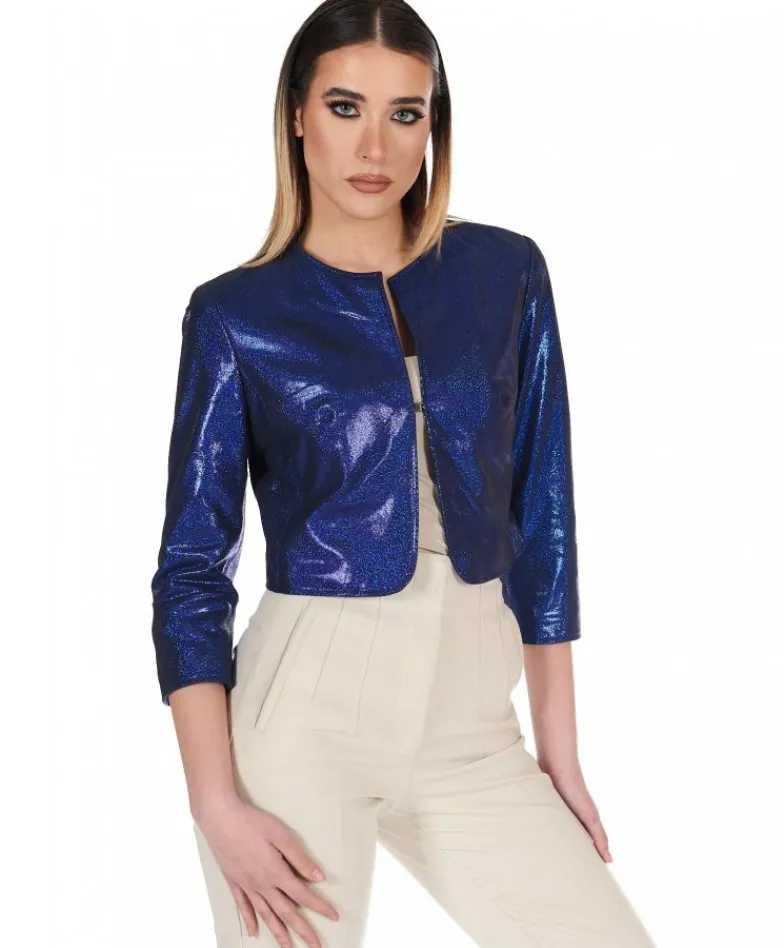 Donna D'Arienzo Miss - Giacca corta bolero in pelle laminata blu girocollo