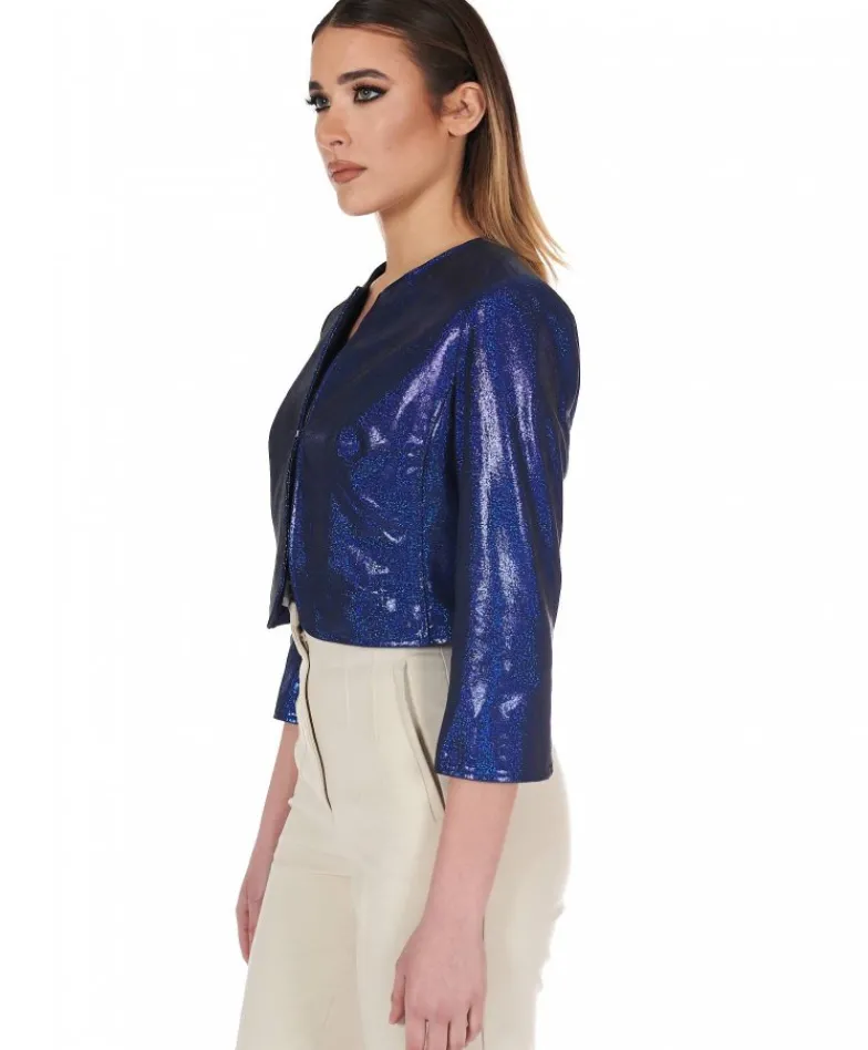 Donna D'Arienzo Miss - Giacca corta bolero in pelle laminata blu girocollo