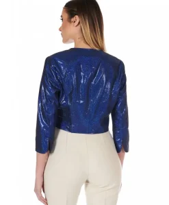 Donna D'Arienzo Miss - Giacca corta bolero in pelle laminata blu girocollo