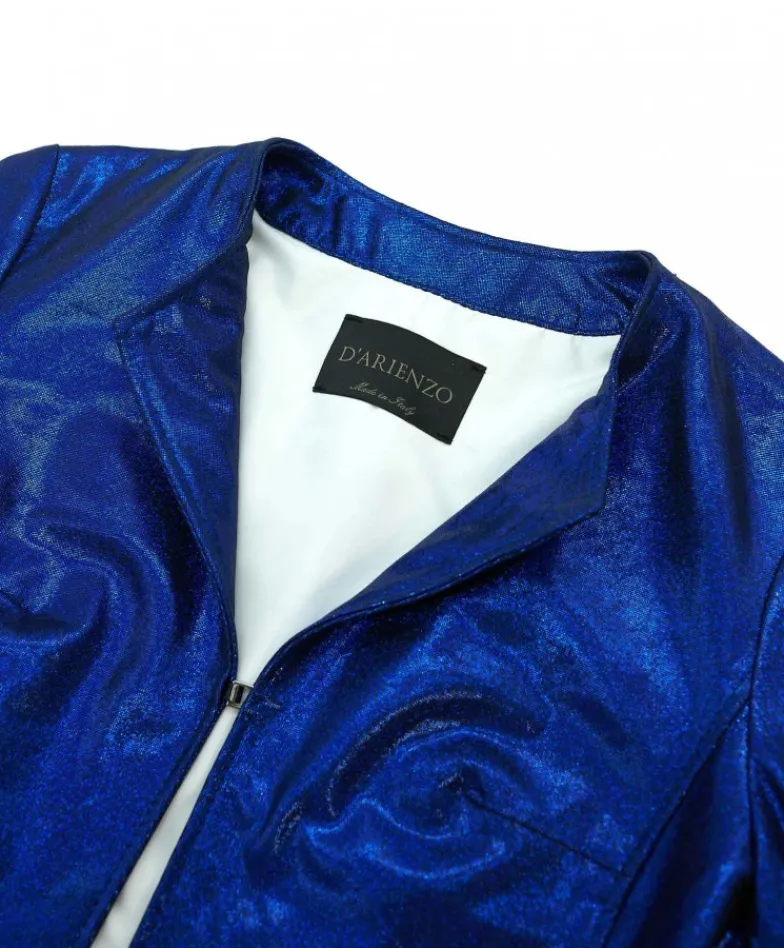 Donna D'Arienzo Miss - Giacca corta bolero in pelle laminata blu girocollo