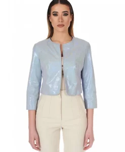 Donna D'Arienzo Miss - Giacca corta bolero in pelle laminata viola chiaro girocollo