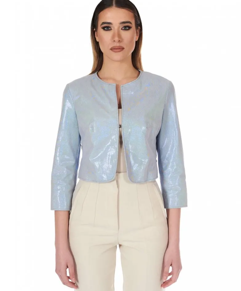 Donna D'Arienzo Miss - Giacca corta bolero in pelle laminata viola chiaro girocollo
