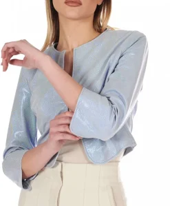 Donna D'Arienzo Miss - Giacca corta bolero in pelle laminata viola chiaro girocollo