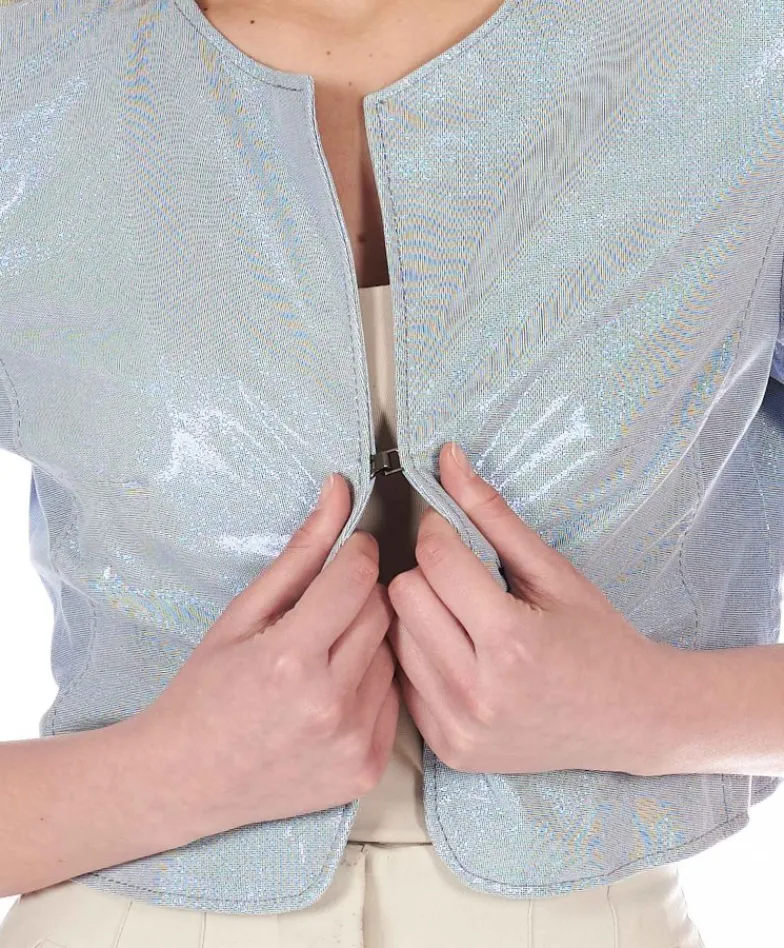 Donna D'Arienzo Miss - Giacca corta bolero in pelle laminata viola chiaro girocollo