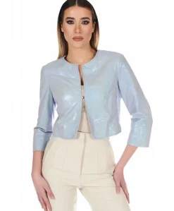 Donna D'Arienzo Miss - Giacca corta bolero in pelle laminata viola chiaro girocollo