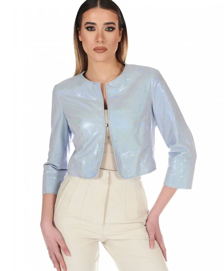 Donna D'Arienzo Miss - Giacca corta bolero in pelle laminata viola chiaro girocollo