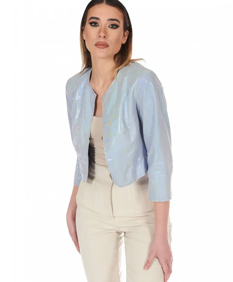 Donna D'Arienzo Miss - Giacca corta bolero in pelle laminata viola chiaro girocollo
