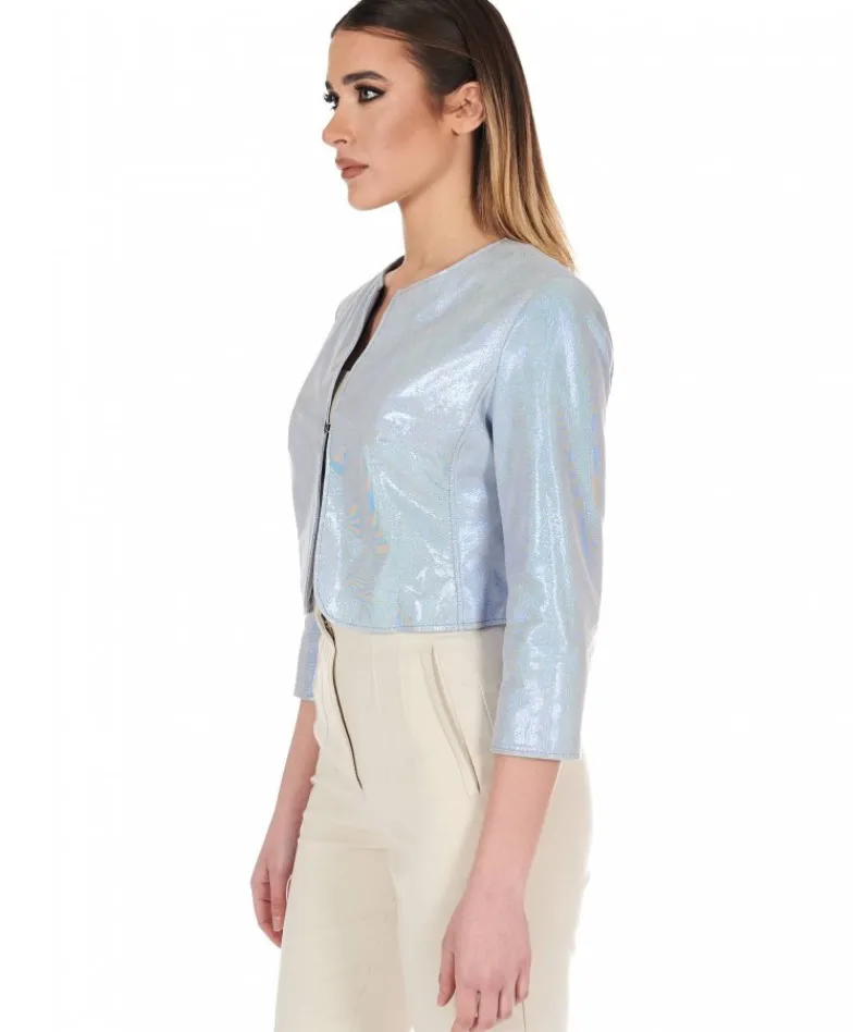 Donna D'Arienzo Miss - Giacca corta bolero in pelle laminata viola chiaro girocollo