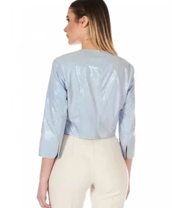 Donna D'Arienzo Miss - Giacca corta bolero in pelle laminata viola chiaro girocollo