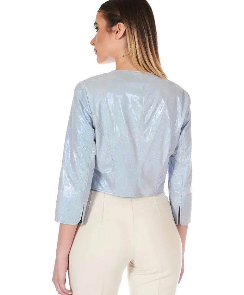Donna D'Arienzo Miss - Giacca corta bolero in pelle laminata viola chiaro girocollo