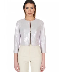 Donna D'Arienzo Miss - Giacca corta bolero in pelle laminata rosa chiaro chiaro girocollo