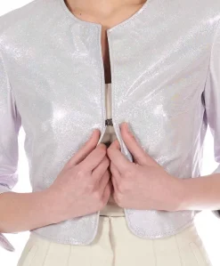 Donna D'Arienzo Miss - Giacca corta bolero in pelle laminata rosa chiaro chiaro girocollo