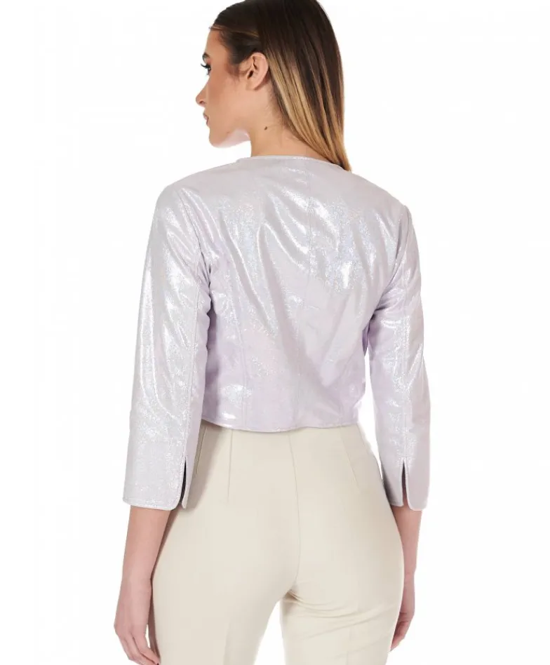 Donna D'Arienzo Miss - Giacca corta bolero in pelle laminata rosa chiaro chiaro girocollo