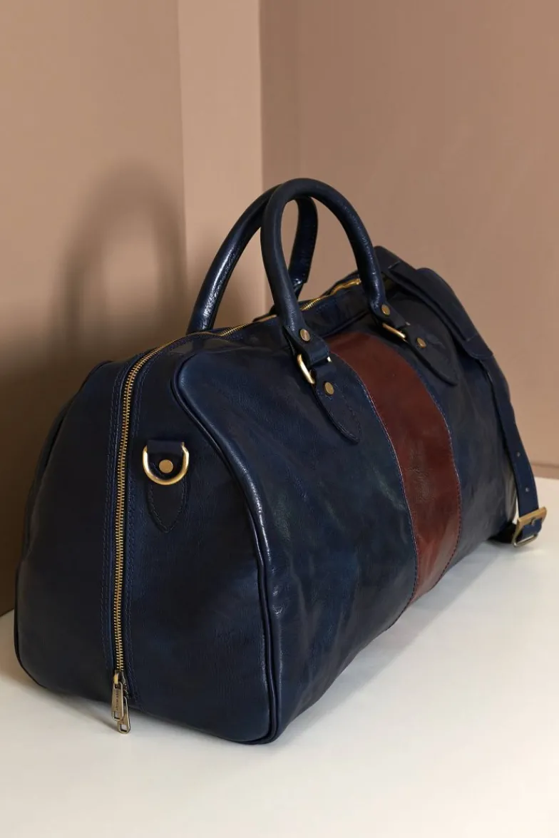 D'Arienzo Morris - Borsone da viaggio in pelle blu marrone con chiusura zip