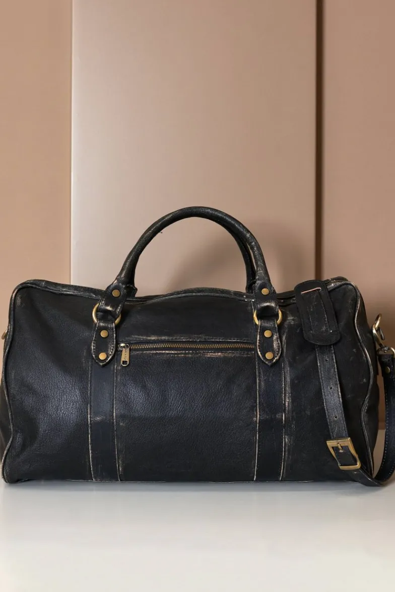 D'Arienzo Morris - Borsone da viaggio in pelle nera vintage con chiusura zip