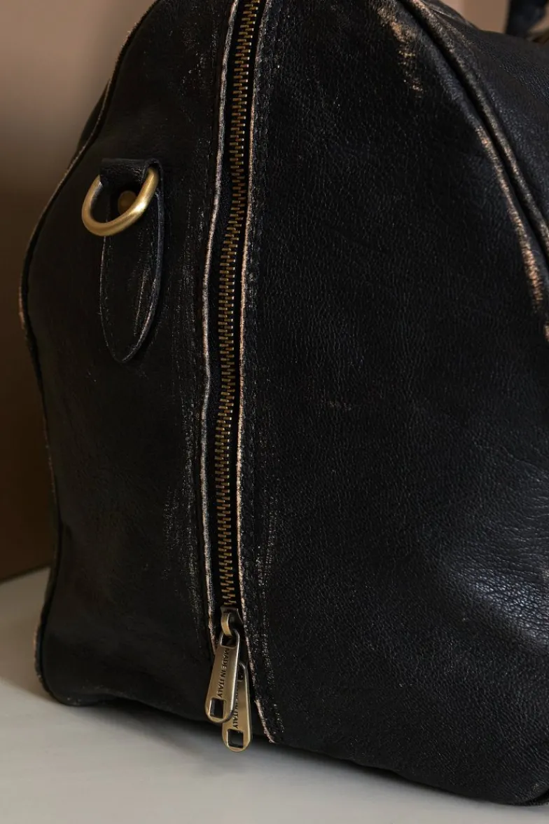D'Arienzo Morris - Borsone da viaggio in pelle nera vintage con chiusura zip