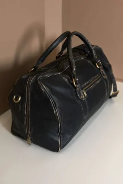 D'Arienzo Morris - Borsone da viaggio in pelle nera vintage con chiusura zip