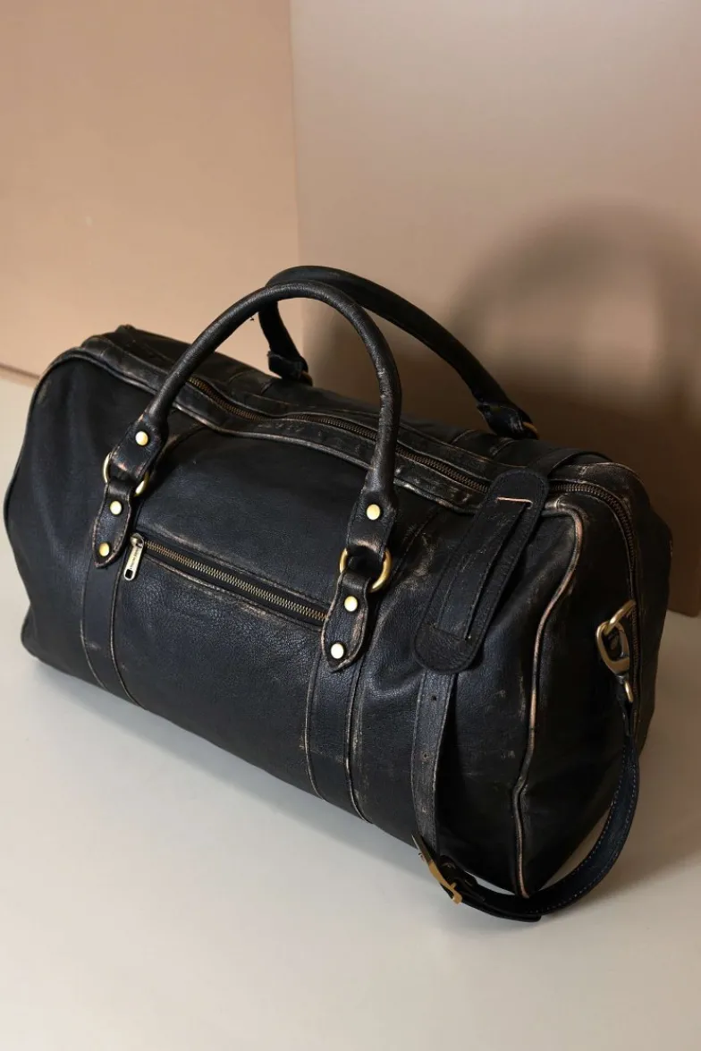 D'Arienzo Morris - Borsone da viaggio in pelle nera vintage con chiusura zip