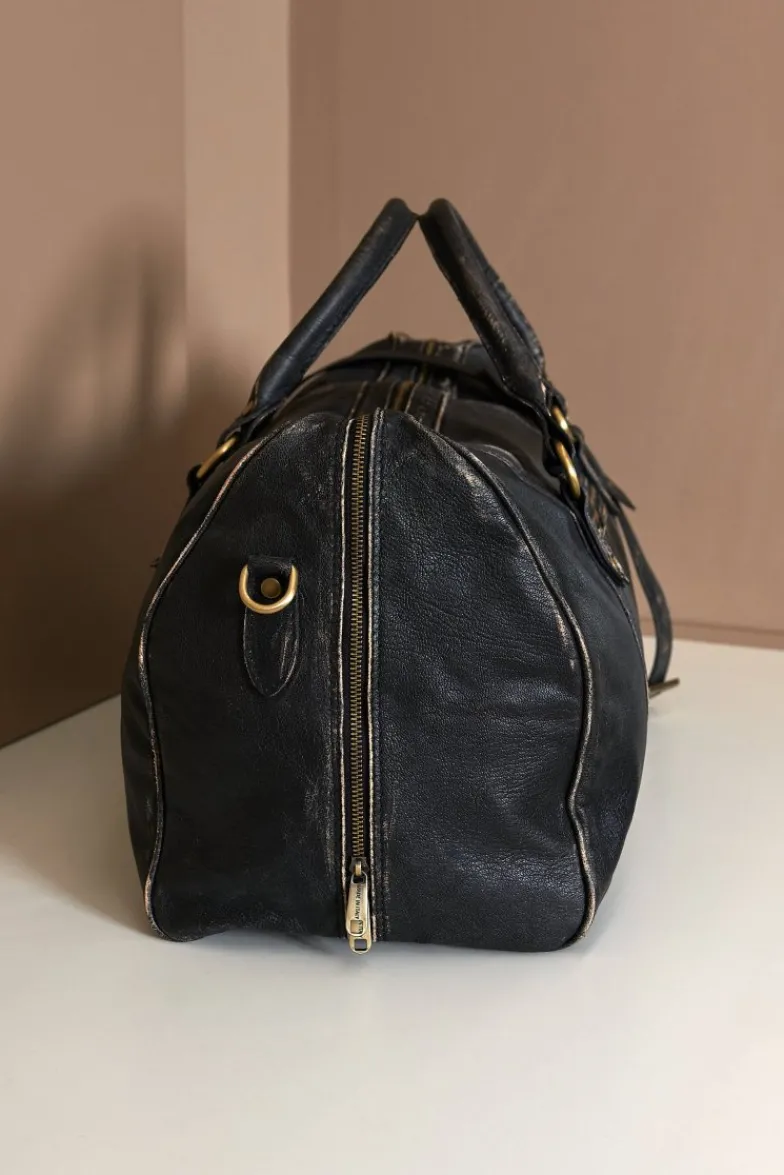 D'Arienzo Morris - Borsone da viaggio in pelle nera vintage con chiusura zip