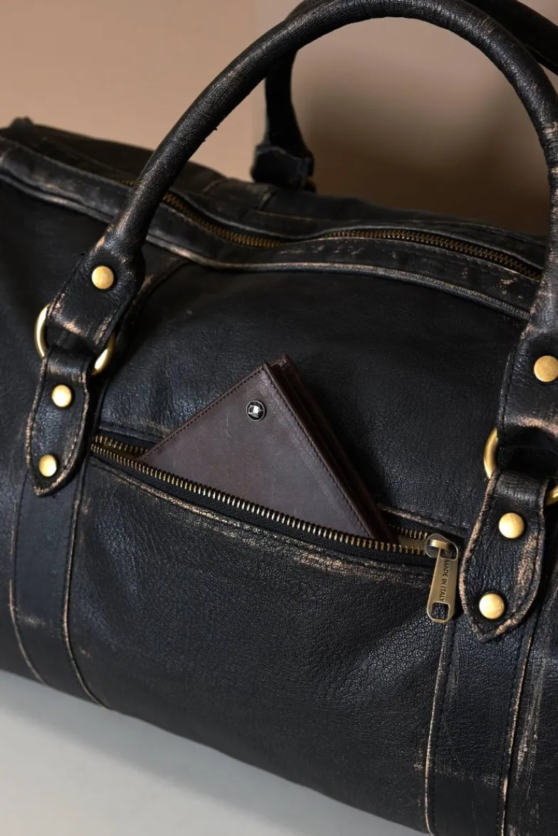 D'Arienzo Morris - Borsone da viaggio in pelle nera vintage con chiusura zip