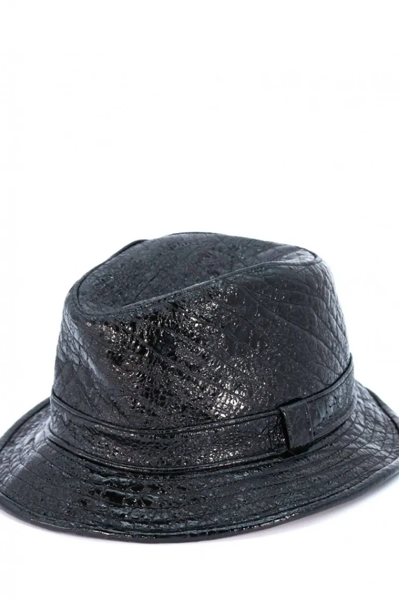 Donna D'Arienzo New York - Cappello da donna in pelle laminata nera stile borsalino