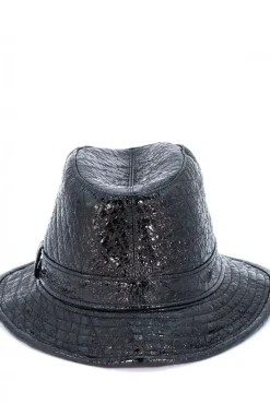 Donna D'Arienzo New York - Cappello da donna in pelle laminata nera stile borsalino