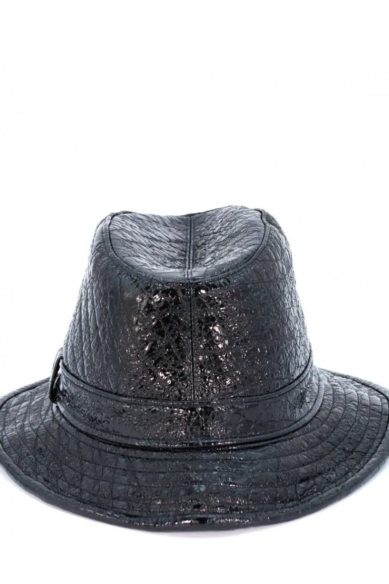 Donna D'Arienzo New York - Cappello da donna in pelle laminata nera stile borsalino