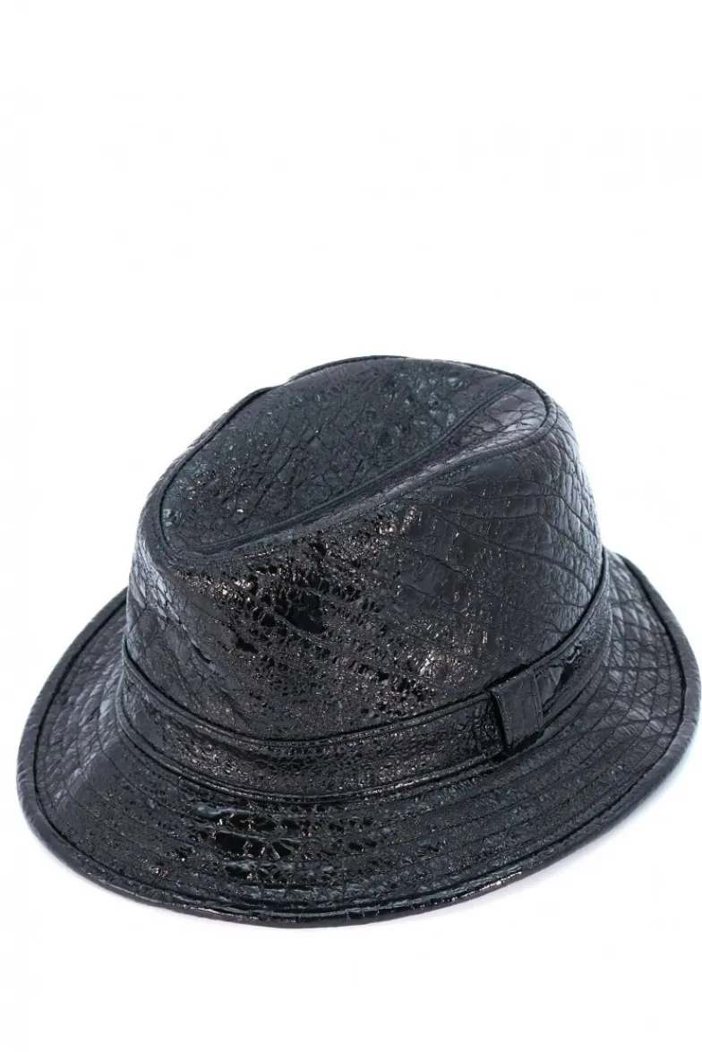 Donna D'Arienzo New York - Cappello da donna in pelle laminata nera stile borsalino