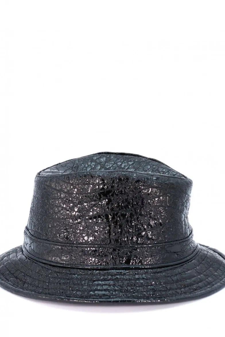 Donna D'Arienzo New York - Cappello da donna in pelle laminata nera stile borsalino